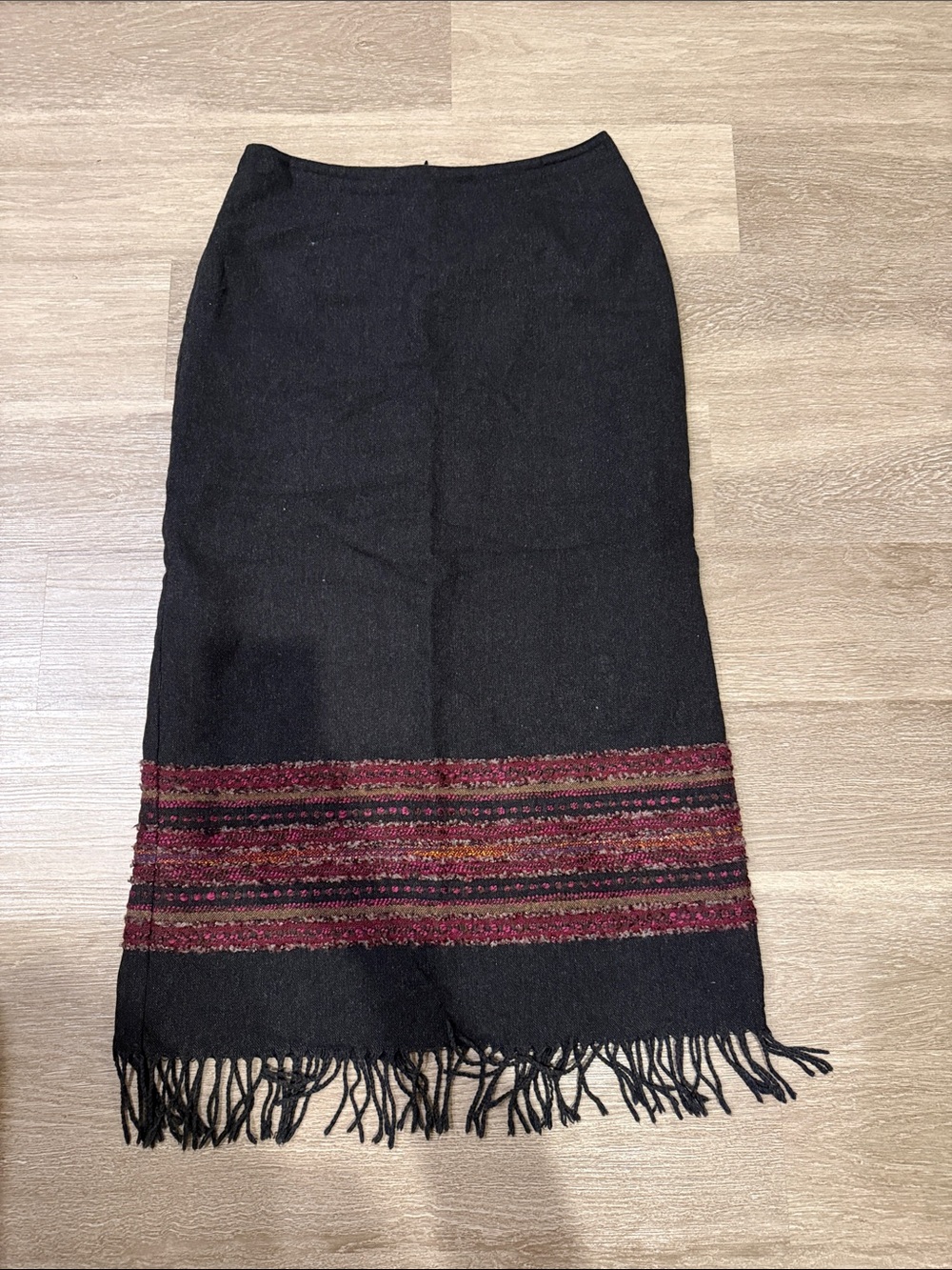 Vintage Michele Black Scarf Maxi Skirt with Burgundy Fringe Band